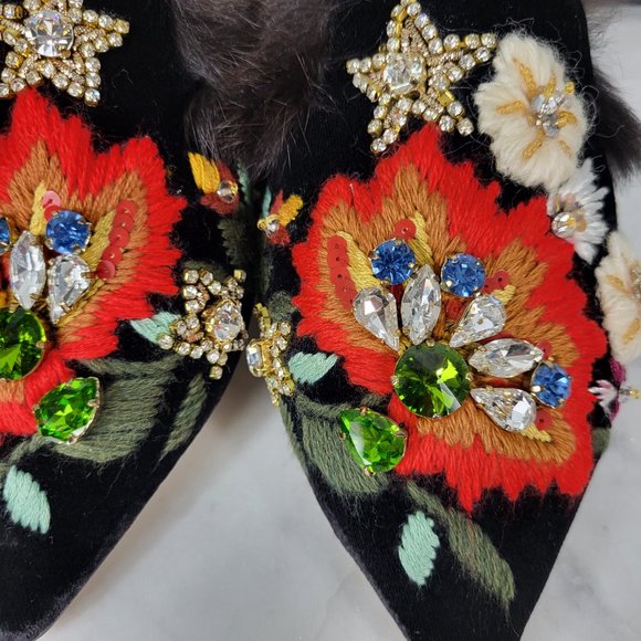 NWB~$695~GEDEBE~35/5~BLACK EMBELLISHED RHINESTONE REAL FUR FLATS MULES SHOES - Picture 9 of 16